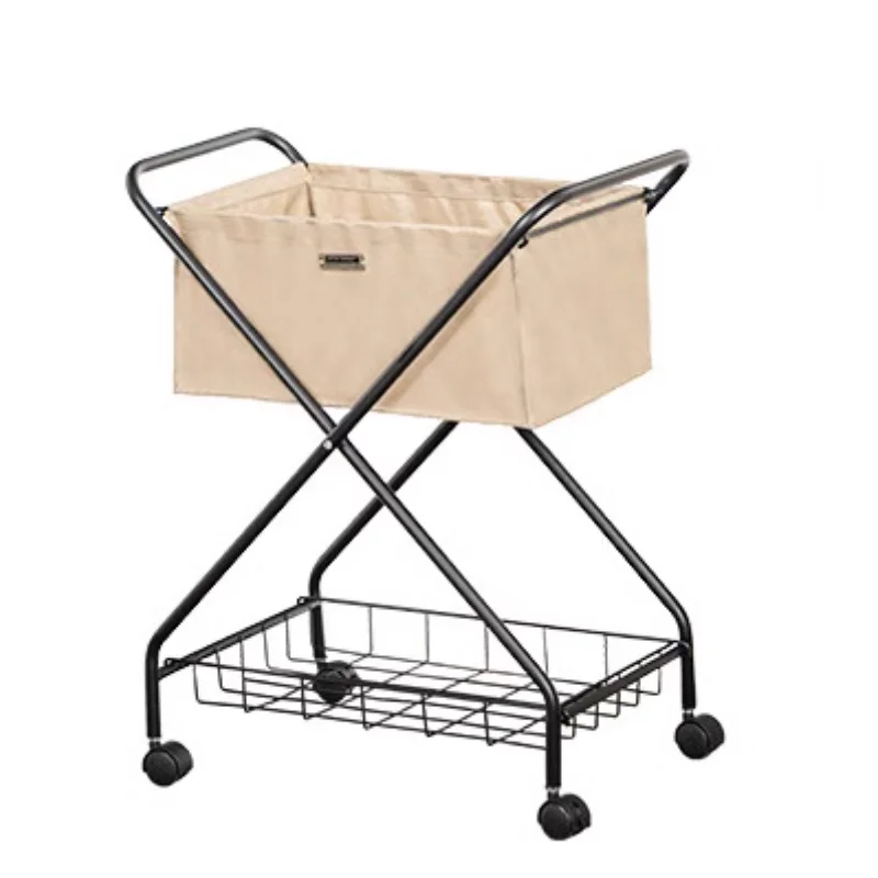 

Folding double-layer household mobile storage rack with wheels wrought iron snack rack trolley canvas storage dirty clothes bask