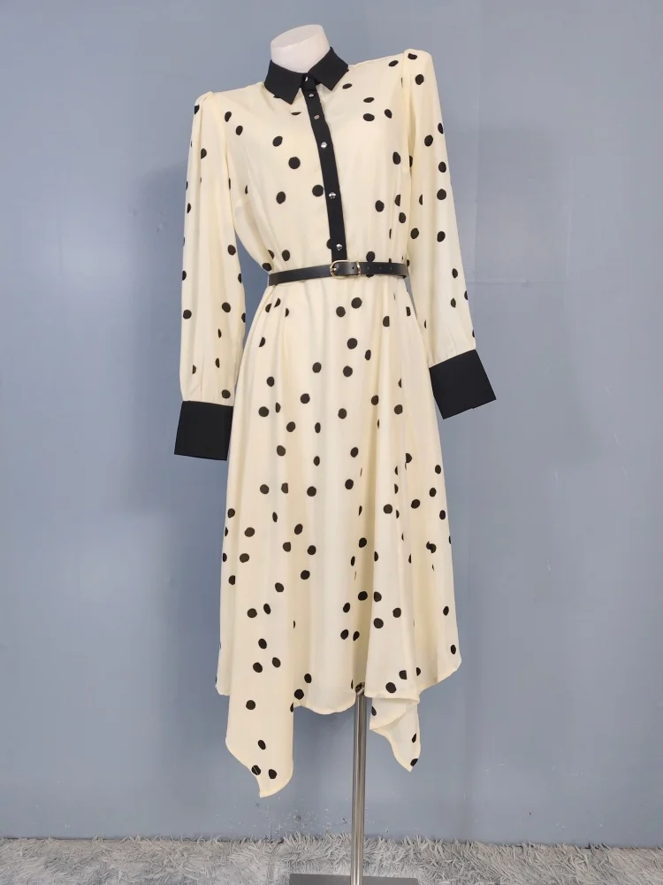 

Daily Wear Long Sleeve Commute Polka Dot Slimming Asymmetrical Chiffon Dress with Belt A-Line Skirt Style Polyester Fiber