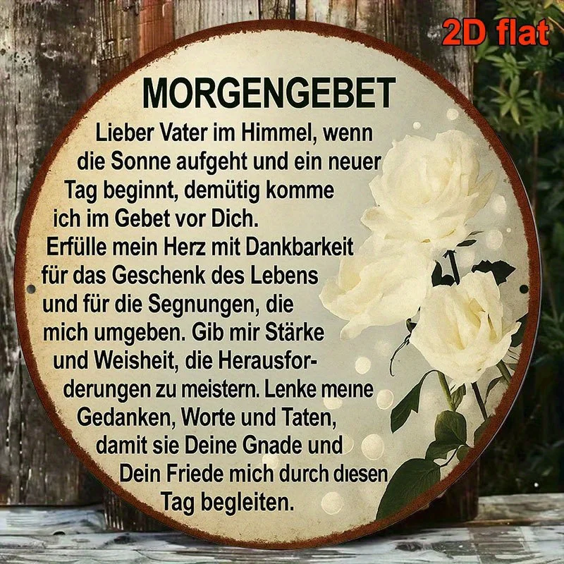 Plaque de prière matinale allemande 2D plate - Signe dévotionnel/catholique vintage avec texte allemand et traduction anglaise