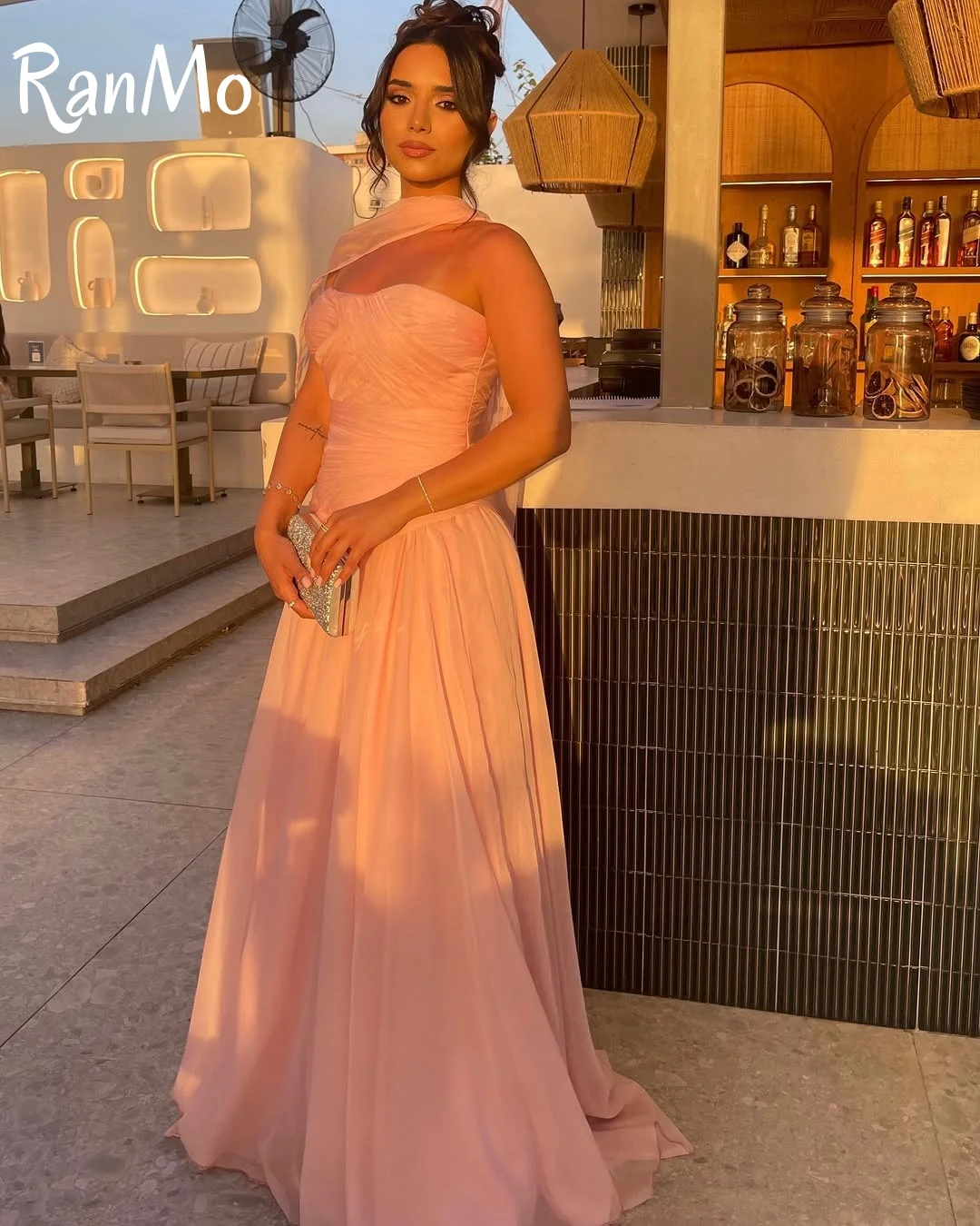 Ranmo Ruched Floor Length Evening Dresses Beach Long A Line Prom Gowns Chiffon Sleeveless Casual Robes Bal De Promo Customized