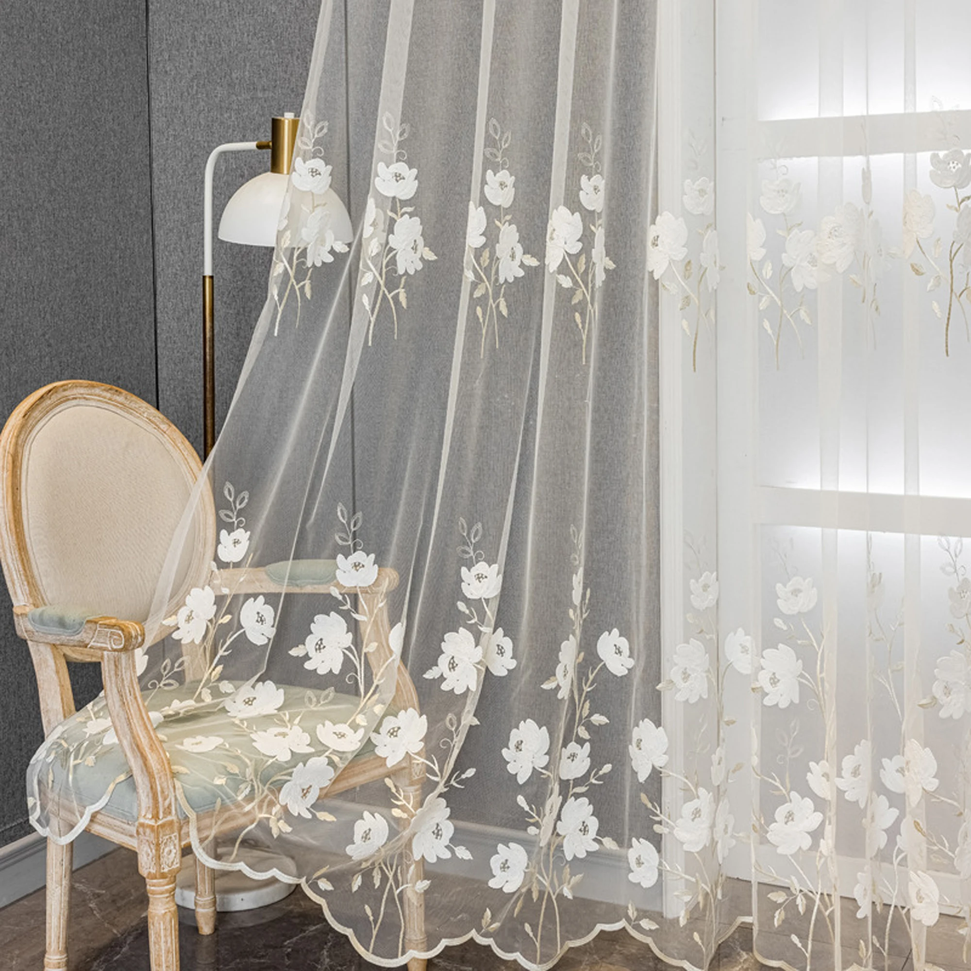 1pc Luxury Embroidered Sheer Curtains,Single Layer,American Country Style Floral Design for Living Room,Bedroom Decor