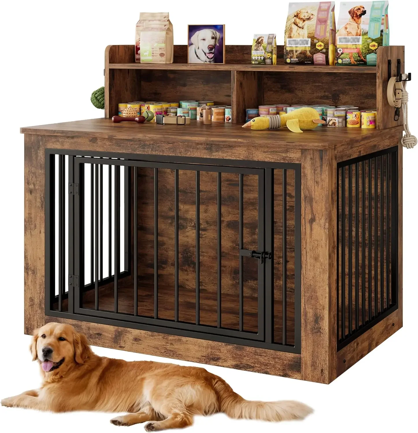 

Nordic Large Dog Crate, Wooden Furniture with Storage and 4 Hooks, Heavy Duty, Decorative