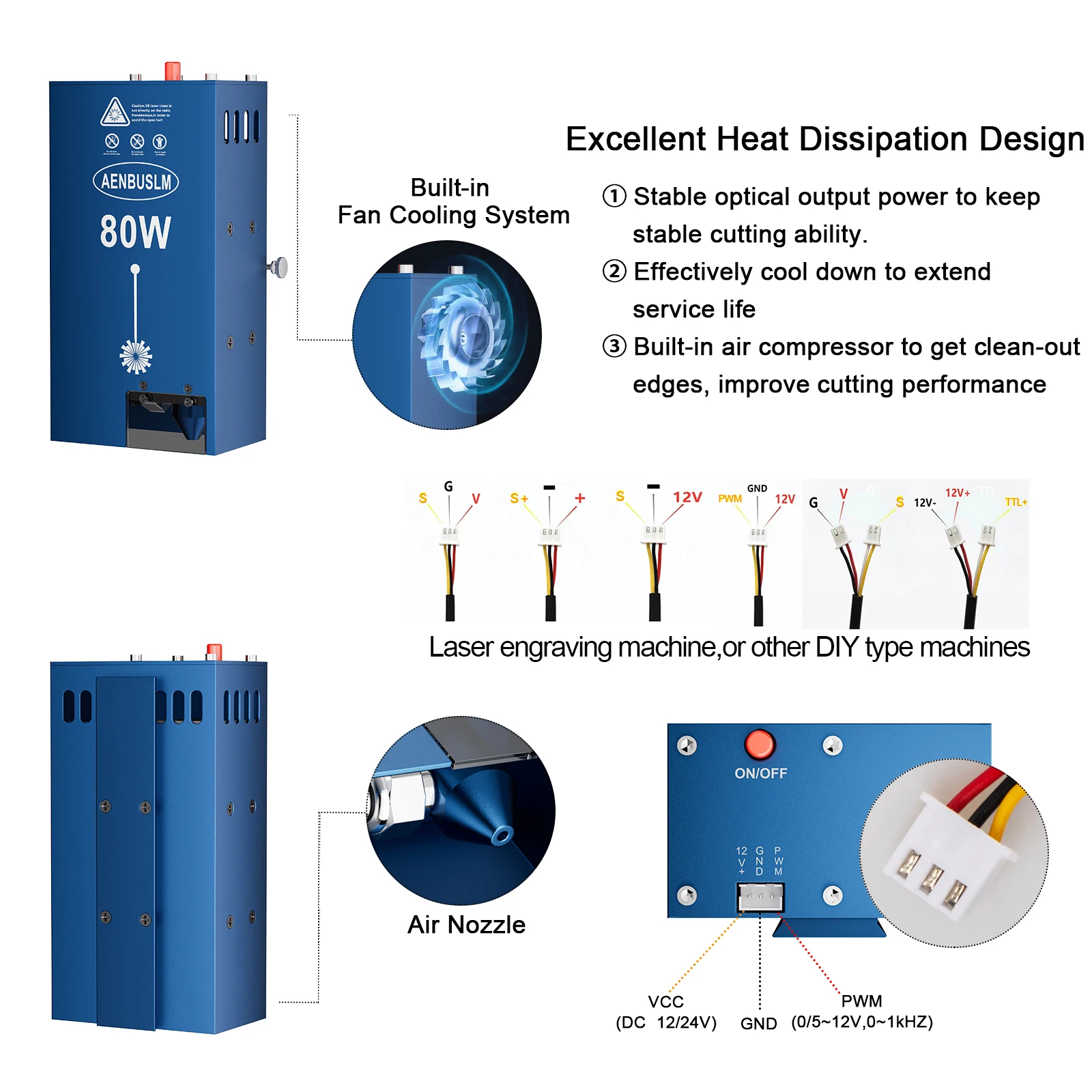 AENBUSLM 80W Laser Engraving Head with Built-in Air Pump 450nm Blue Light Laser Module CNC Woodworking Laser Cutting Machine DIY