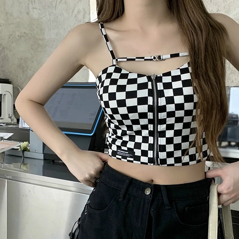 

Black White Plaid Checkerboard Zipper Tank Top Halter Women Navel Crop Tops Camis Fashion Tube Top Female Sleeveless Vest