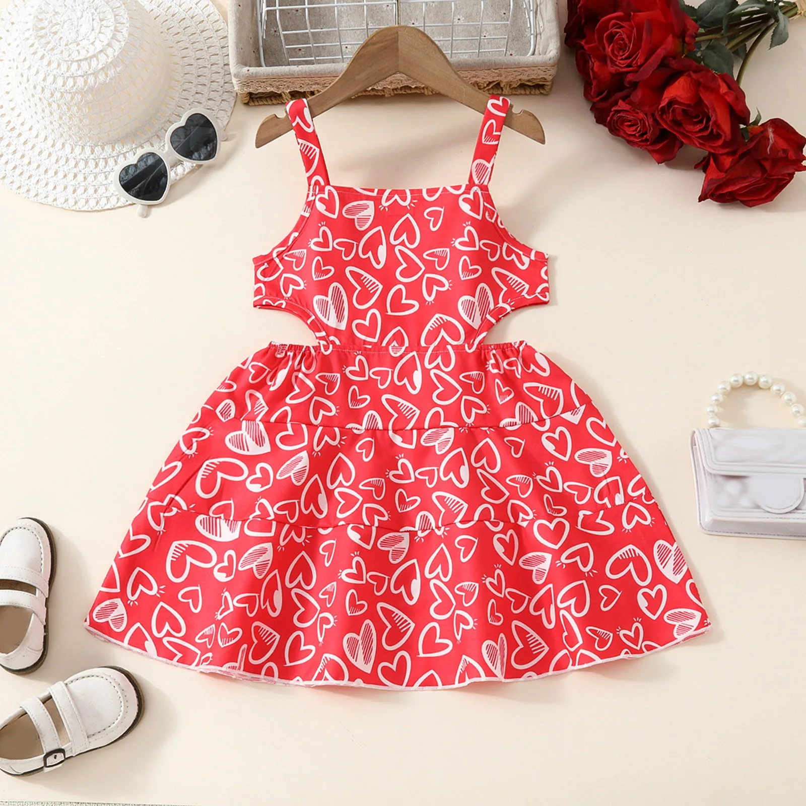 

Toddlers Sleeveless Summer Dresses For Kids Girls 2 to 7 Years Valentine's Day Hearts Print Dress Casual Holiday Party Sundress