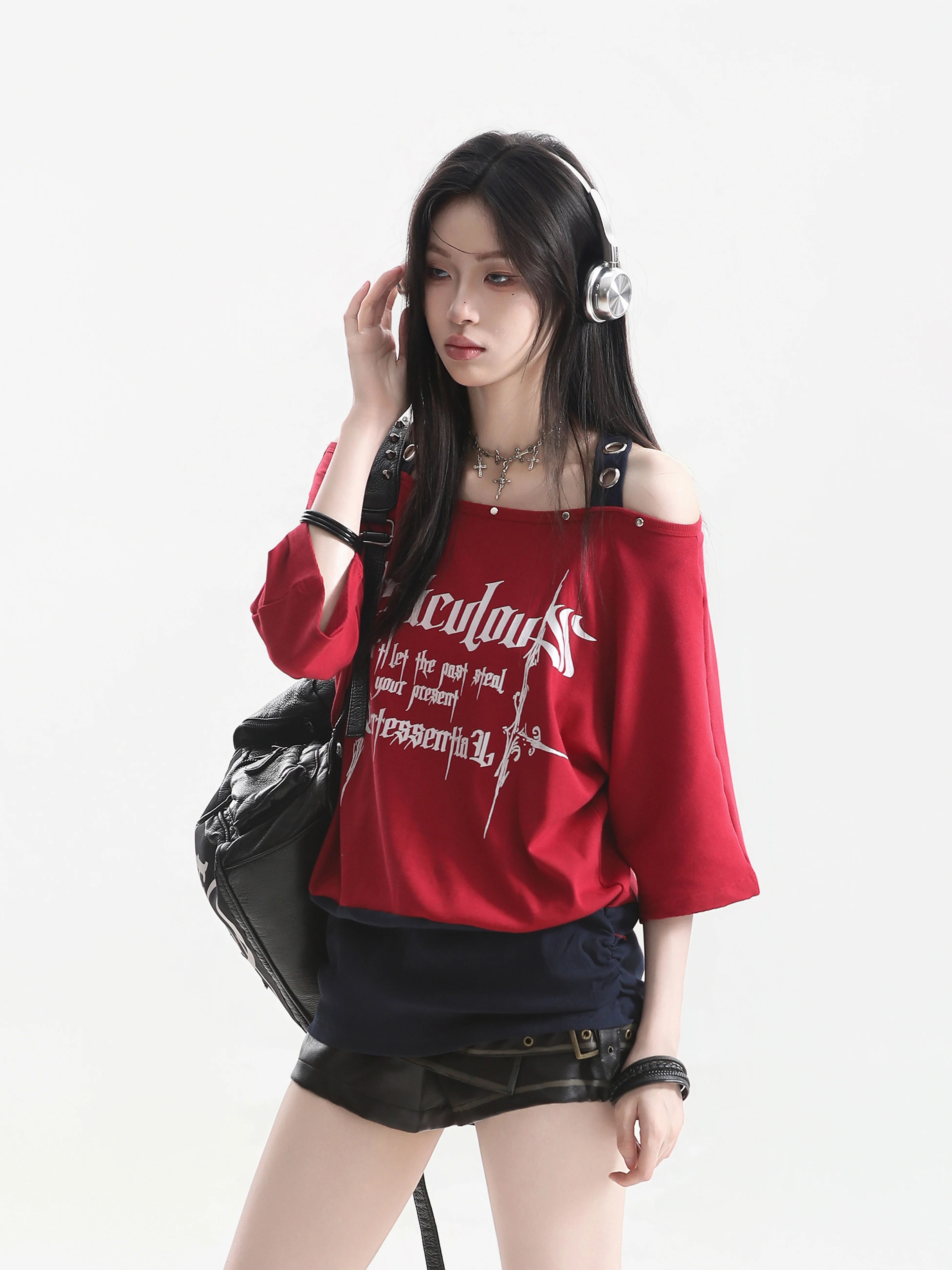 Summer Y2K Sexy Short T-Shirt Fake Two-Piece Strap Print Short Sleeve Contrast Color Sub-Culture Spicy Girl CleanFit Retro Co...