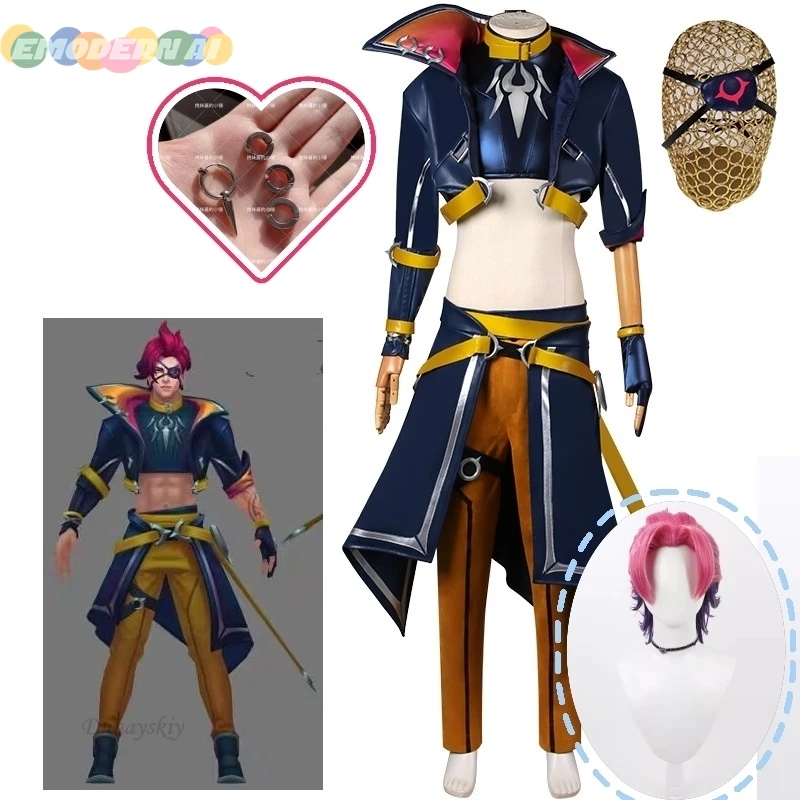 Game LOL Heartsteel Cosplay Kayn Costume Eyepatch Wig Custom Uniforms Men Women Carnival Halloween Party Outfits Synthetic Hair