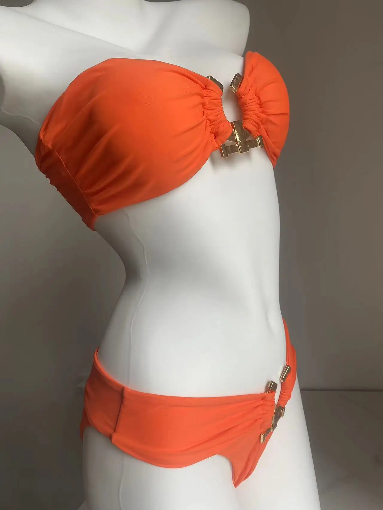 Conjunto de bikini de cintura alta para mujer, bañador Bandeau de color liso, naranja y negro, traje de baño de realce con Tanga, 2024