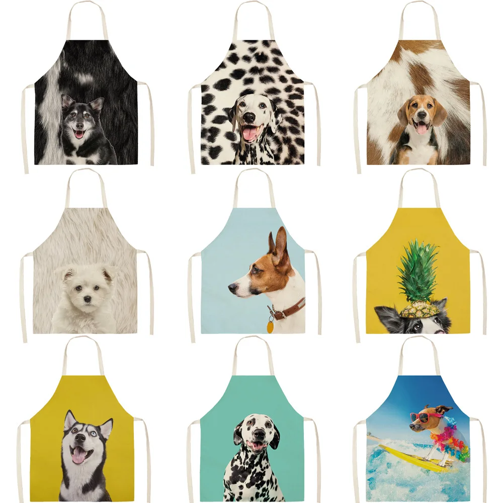 Cute Dogs Aprons Cartoon Dogs Printed Kitchen Aprons for Women Household Cleaning Accessories Cotton Linen Cooking Apron