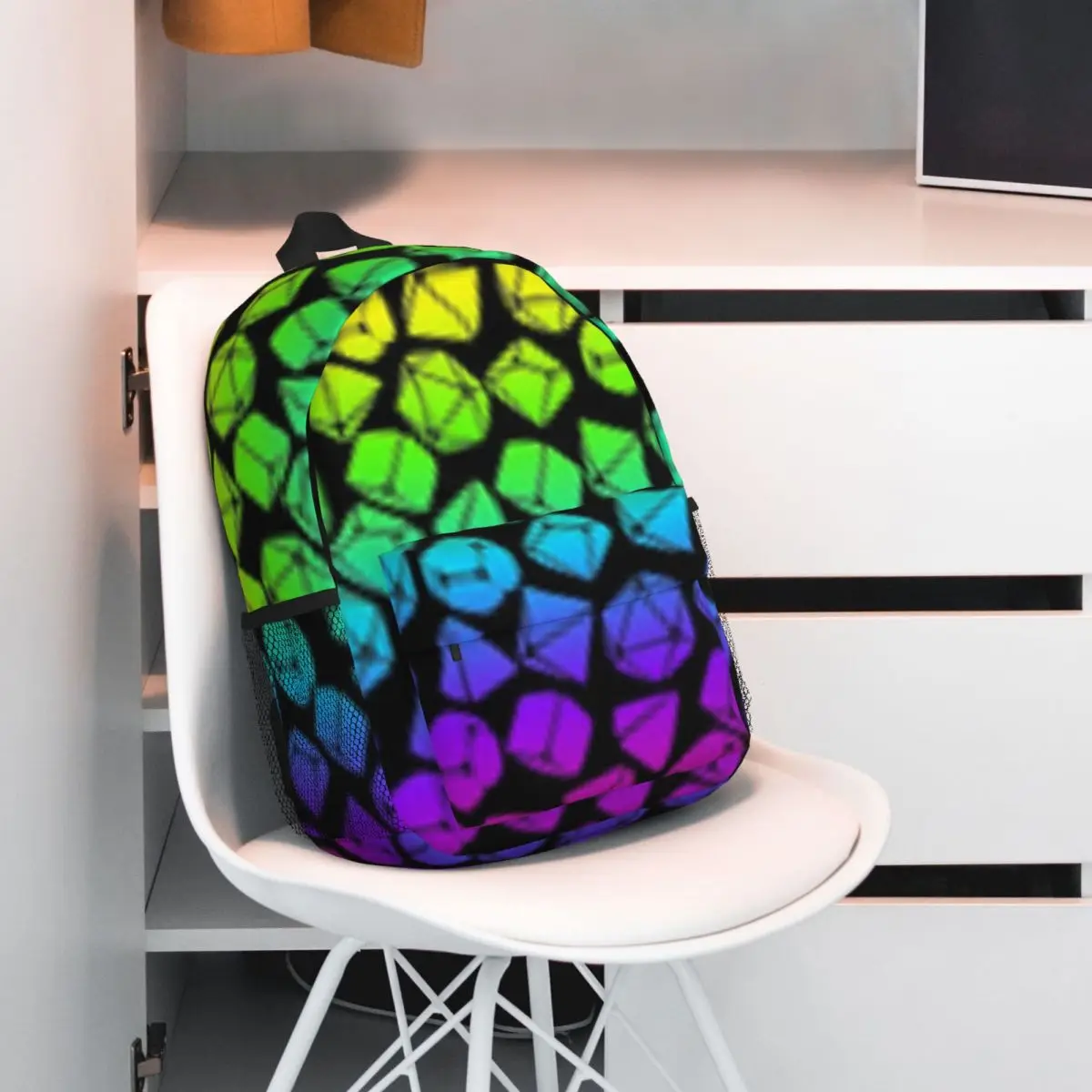 D & D & D Dice Padrão Mochila Escolar, Neon Rainbow Gradiente para Masmorra, Nova Moda Padrão de Impressão, Mochila Leve, 15"