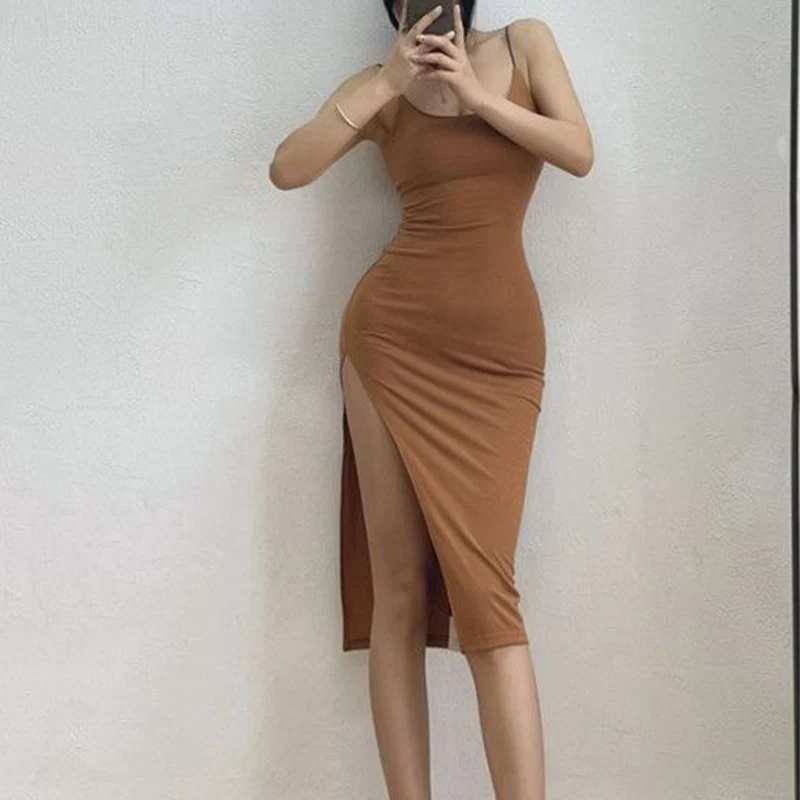 Rimocy 2024 New Sexy Sleeveless Slim Long Dress Women Party Club High Split Spaghetti Strap Dresses Woman Bodycon Dress Female