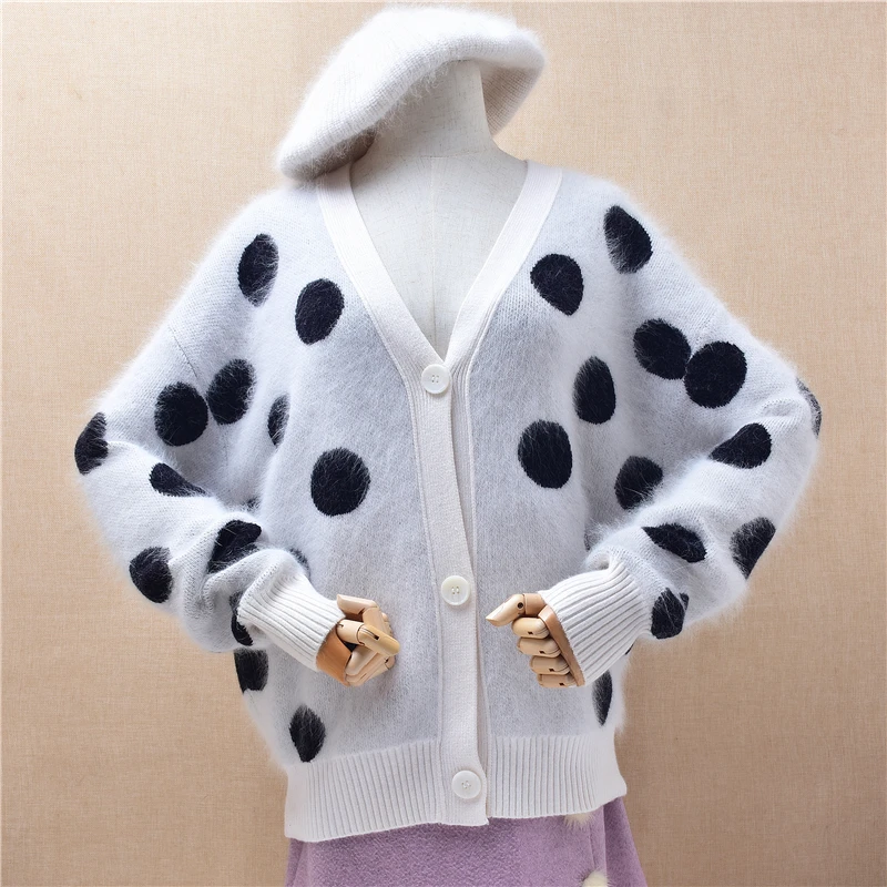 Ladies Women Autumn Winter Fashion White Dot Hairy Angora Rabbit Hair V-Neck Long Sleeves Loose Cardigans Sweater Jacket Coat