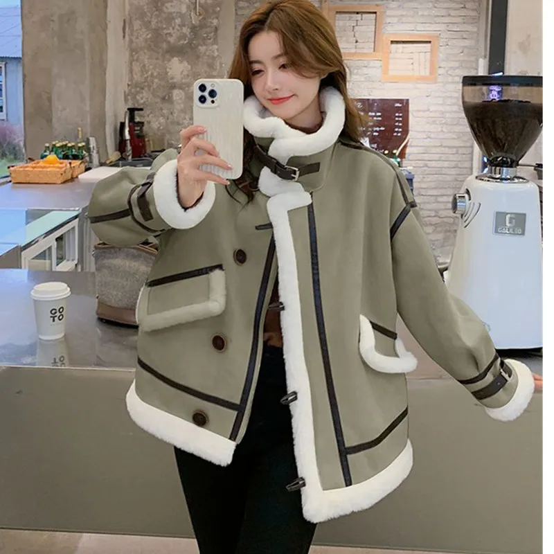 

2025 Autumn/Winter New Lamb Plush Coat For Women Velvet Suede Fur Integrated Motorcycle Jacket Lady Warm Zipper Outwear Top