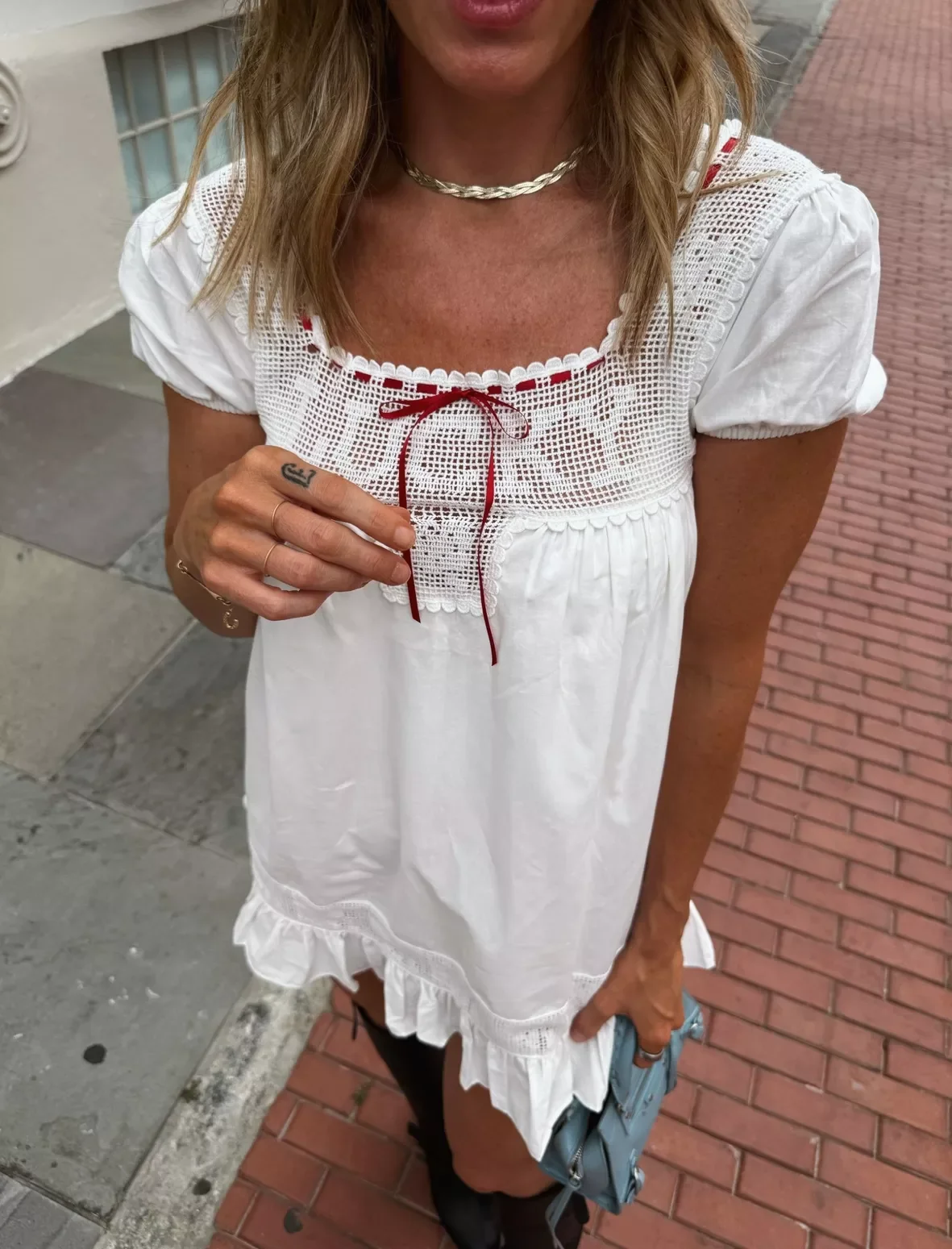 

Women Hollow Out Patchwork White Dress Letter Embroidery Square Collar Short Sleeve Casual Female Pure Cotton Mini Robe