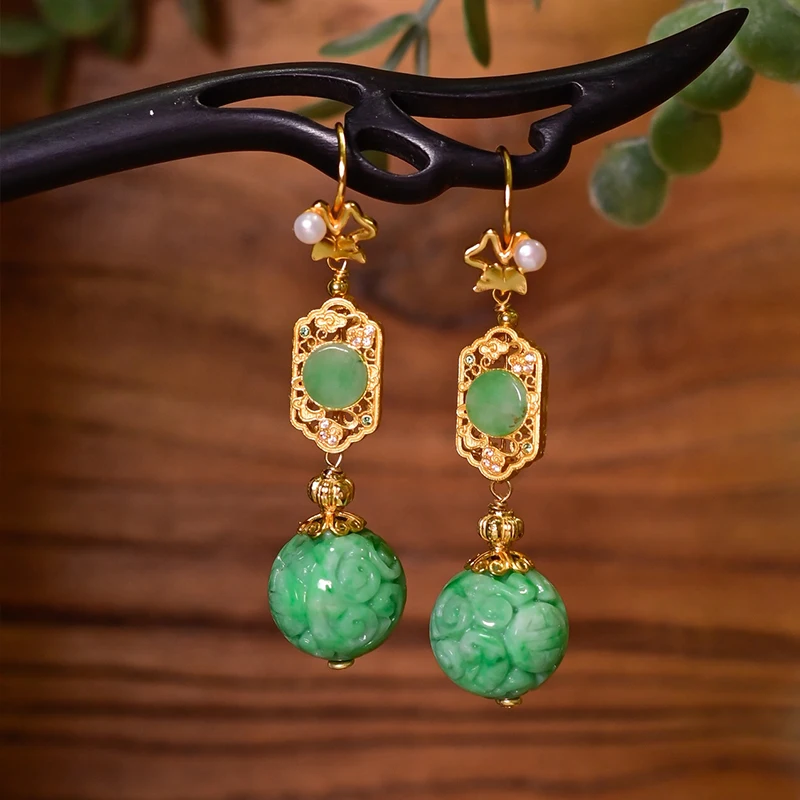 

Натуральный жадеит класса А, полностью зеленые резные бусины с цветочным узором, серебряные серьги 925, серьги в китайском стиле