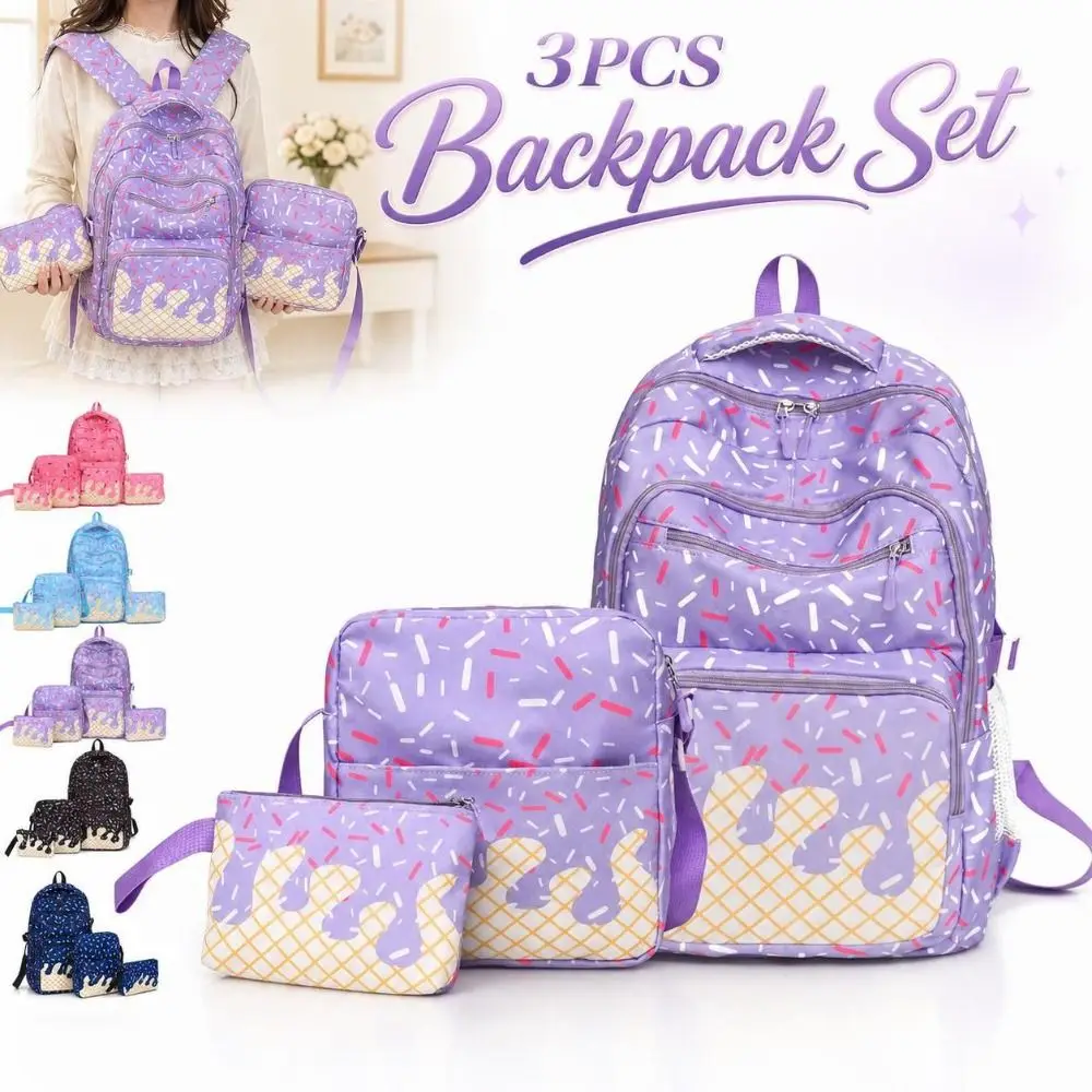 3PCS Cute Ice Cream Print Backpack Set Lightweight Waterproof School Backpack Colorful Durable Printed Schoolbag Teenagers