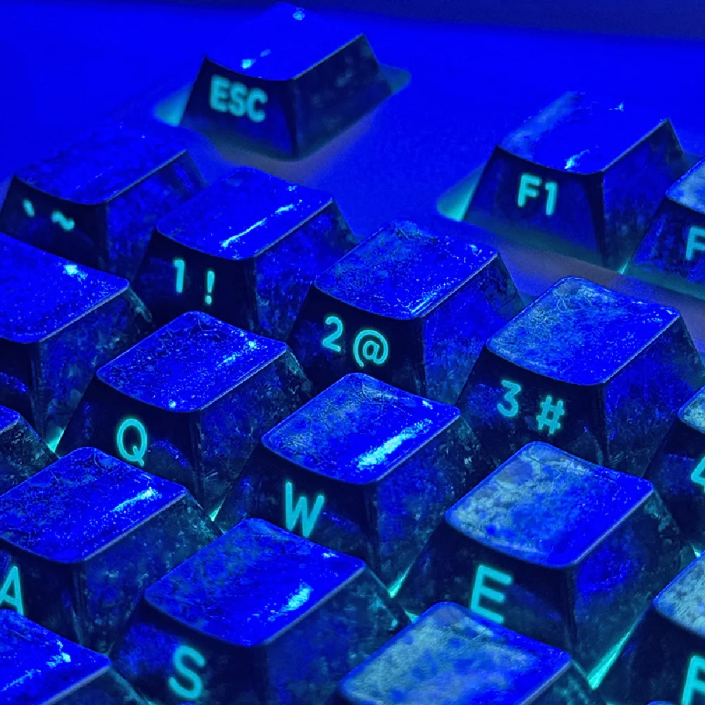 KUXM Frost Blue PBT Teclas con textura de metal iluminadas con grabado lateral Perfil de cereza para Wooting60HE