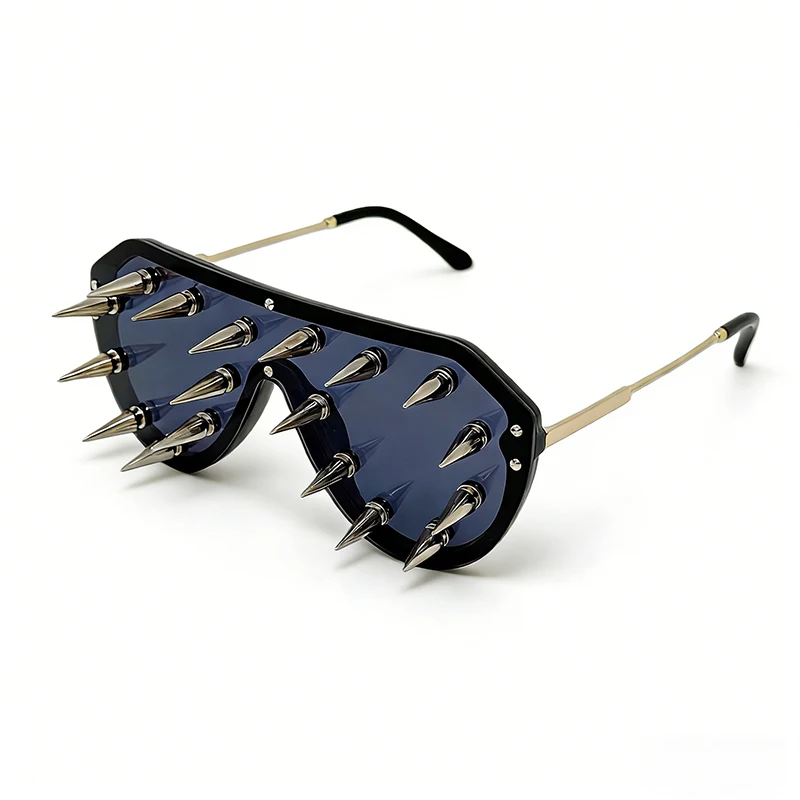 New Trendy One Piece Spike Rivet Sunglasses Punk Gothic Cyber Style Mirror Men Women Personality Exaggerated Party Sunglasses