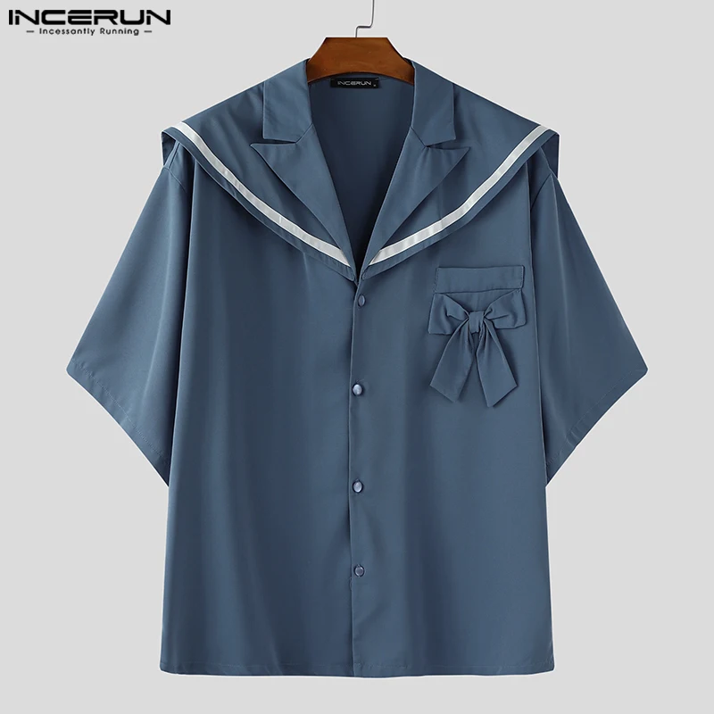 INCERUN Männer Hemd Patchwork Navy Kragen Halbe Hülse Lose Männer Kleidung Streetwear Lose Sommer Koreanischen Stil Bowknot Casual Tops