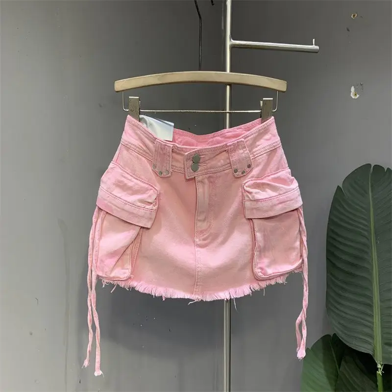 Saia jeans rosa com bolsos grandes, design de botões, cintura alta, ajuste fino, A-Line, retro, versátil, novo estilo, verão, Y2K, 2024