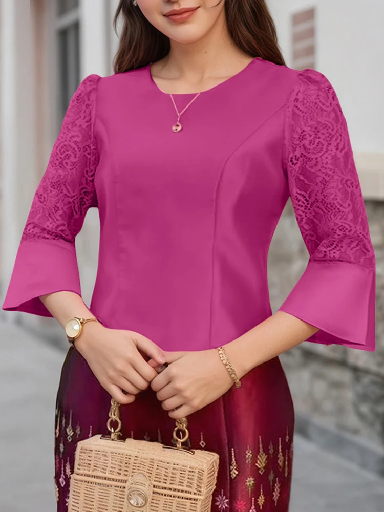 ZANZEA Elegant Flare Sleeve Work Shirt Office Lady Blouse Stylish Women Lace Patchwork Tops Satin Slim Fit Blusas Tunic Femme