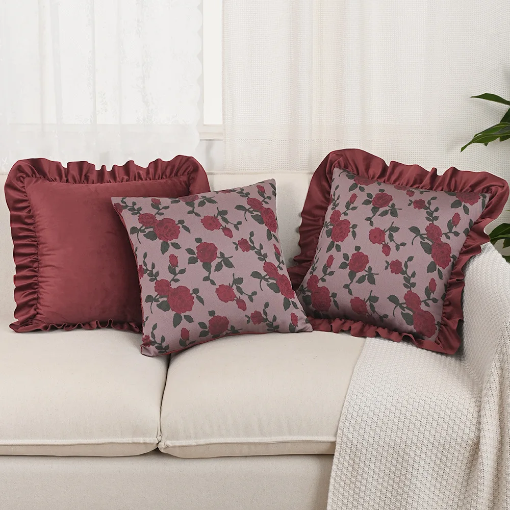 Nordic Ins Rose Jacquard Dutch Velvet Ruffle Skirt Pillow American Retro Sofa Decorative Pillow Cover