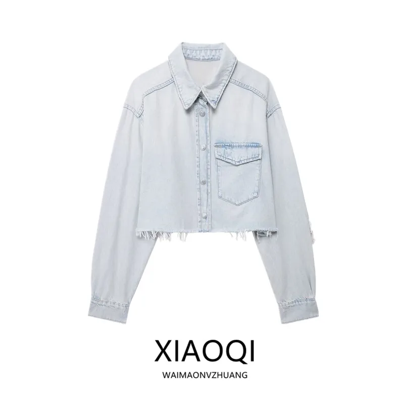 

Retro Hole Decoration Loose Denim irt Jaet Spring New Women's Faion Collar All-Match Sle Regular Length Outerwear