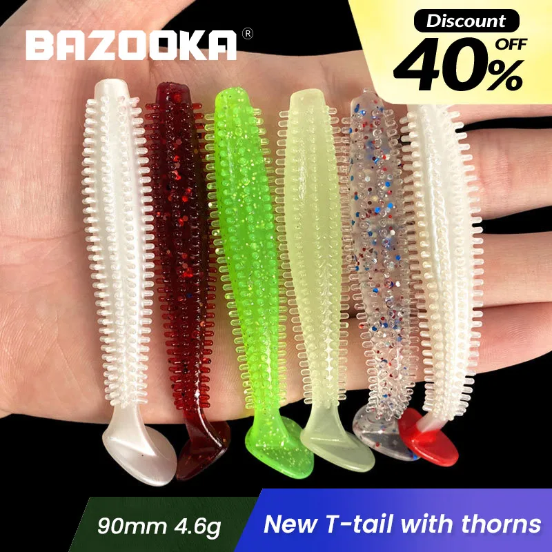 5PCS Bazooka 90mm 4.6g Soft Bait Fishing Lure T-tail Worm Easy Shiner Shad Carp Swimbait Silicone Trout Bass Vibro Thorn Plastic