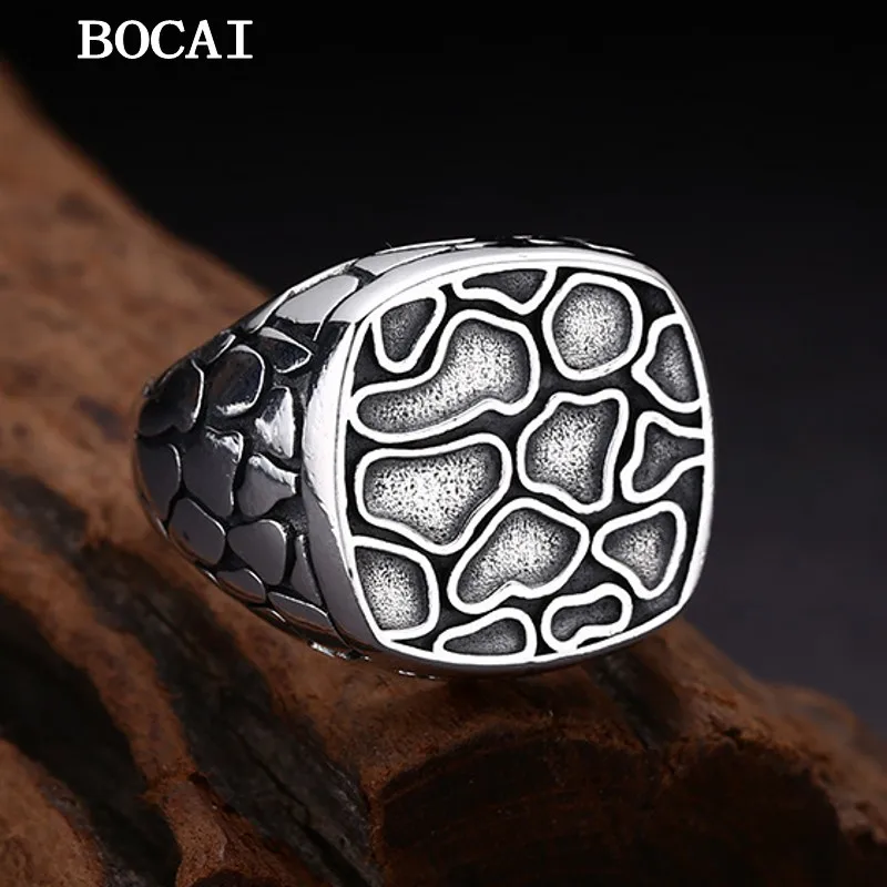 

BOCAI New S925 Sterling Silver Ring Retro Trendy Personality Irregular patterns Open-end Ring Men's and Women's Gift