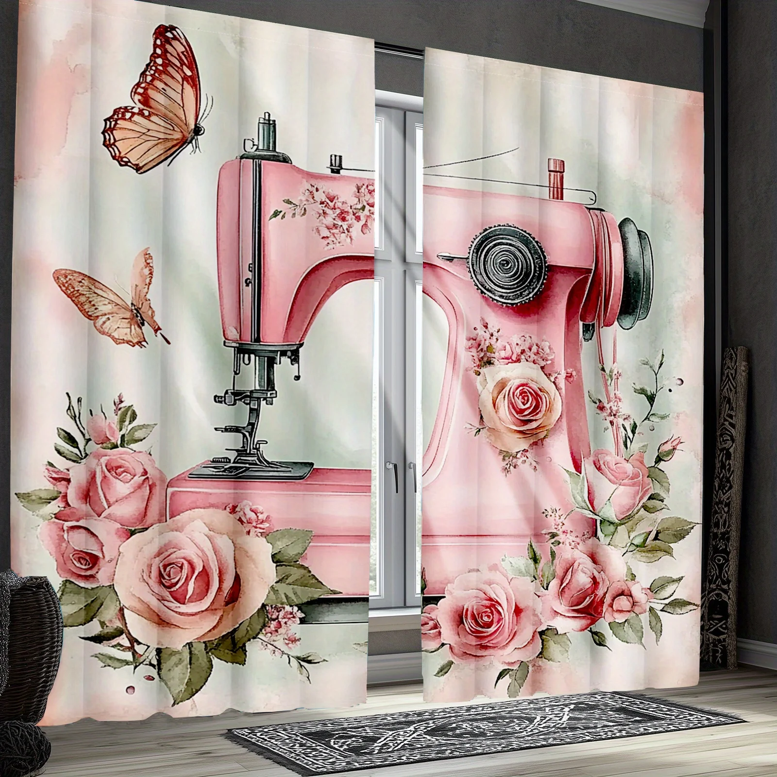 Shabby Chic Vintage Sewing Machine Floral Rose Print Curtains Romantic Cottagecore Aesthetic Pink Window Curtains Panel