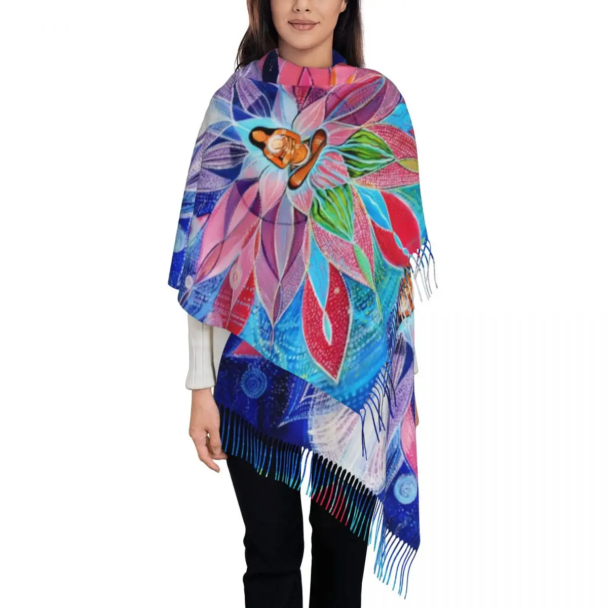 CustomIndia Mandala Zen Buddha Scarf Wrap Women Long Winter Fall Warm Tassel Shawl Unisex Scarves