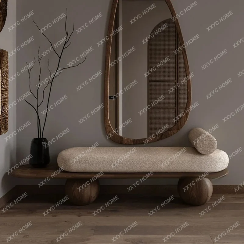 

medieval bench at the entrance of the door, household light luxury high-end bedroom, bedside stool