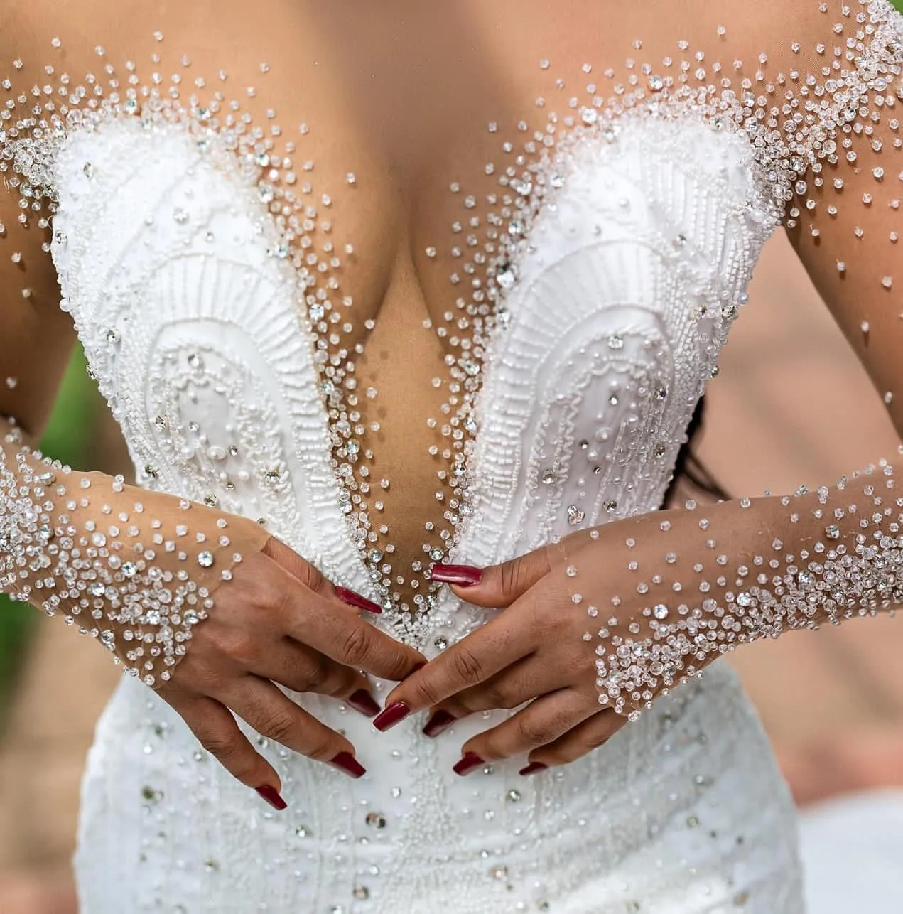 Aangepaste Afrikaanse trouwjurken zeemeermin lange mouwen applicaties kralen Aso Ebi vrouwen bruids bruidsjurken voor zwarte meisjes