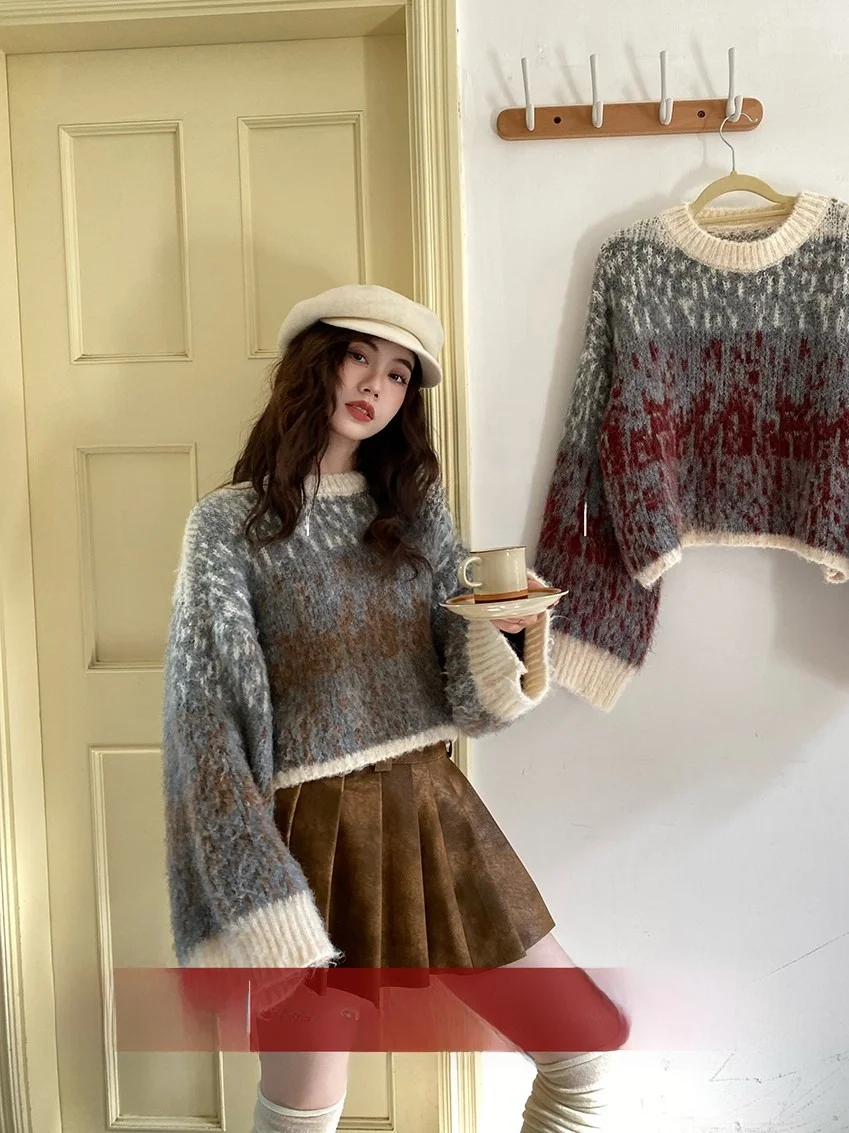 

Женский вязаный свитер с круглым вырезом, свободного кроя, осенне-зимний, теплый, утолщенный, из смесовой шерсти, мягкий на ощупь, топ