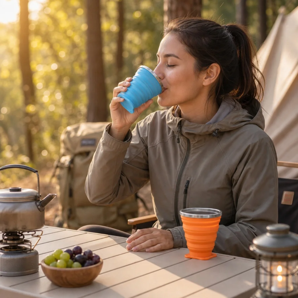 Foldable Silicone Camping Cup Collapsible Travel Mug Stainless Steel Edge Hand Strap 4 Macaron Colors Outdoor Hiking Cup