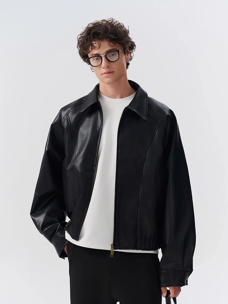 

Sli Bla Stand Collar PU Leather Jaet Men's ort American Retro Trendy Haome Top Youth Summer Casual Zipper