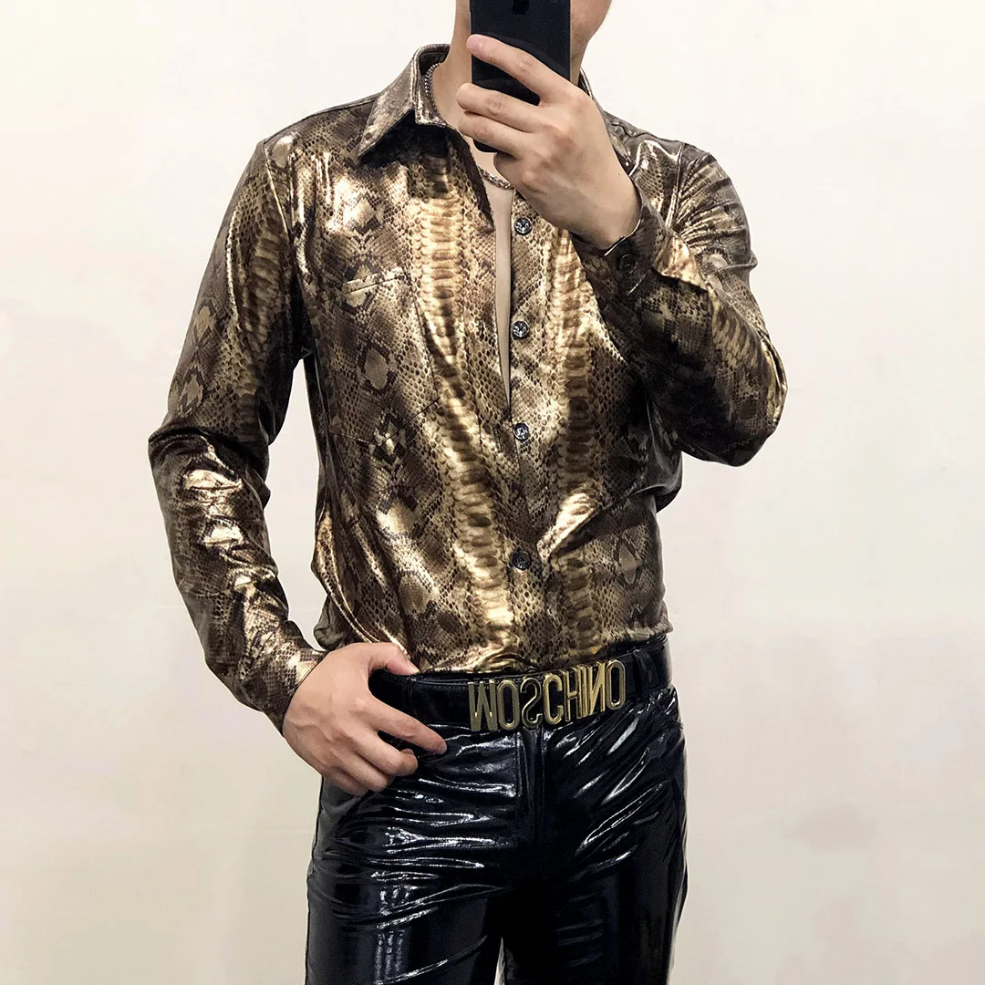 Spring Gold Snake Leopard Print Shirts For Men's Highlight Shine Shirt New Male Slim Plus Size Nightclub Sexy Clothes Dress Tide