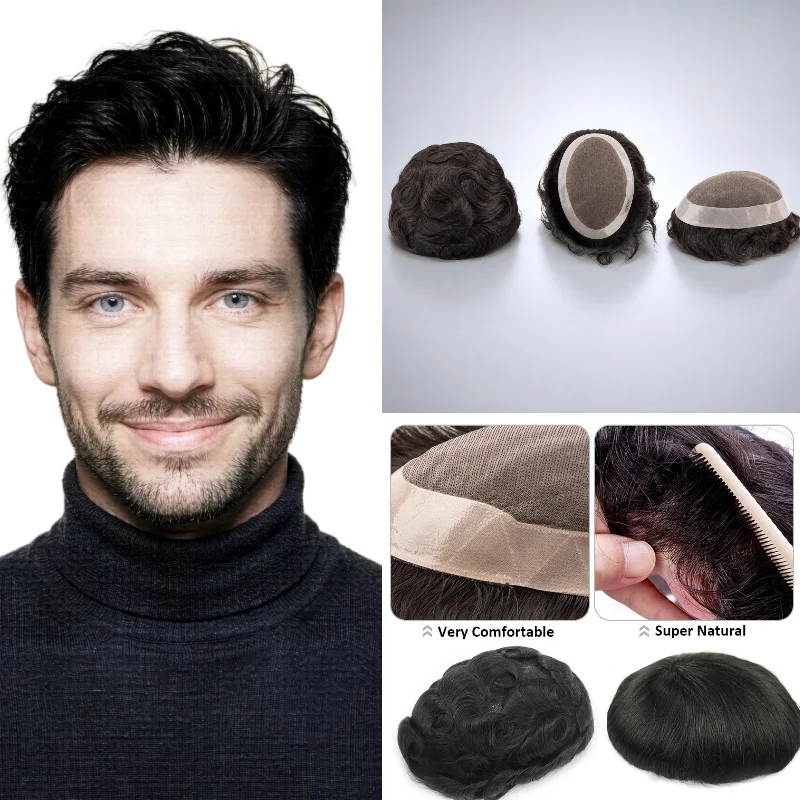 100% Human Hair D7-3 Mono Base Men Hairpiece 6x8 6inch 30mm Wave Mono+NPU Handmade Remy Hair For Church 72H Dropship Free Tape