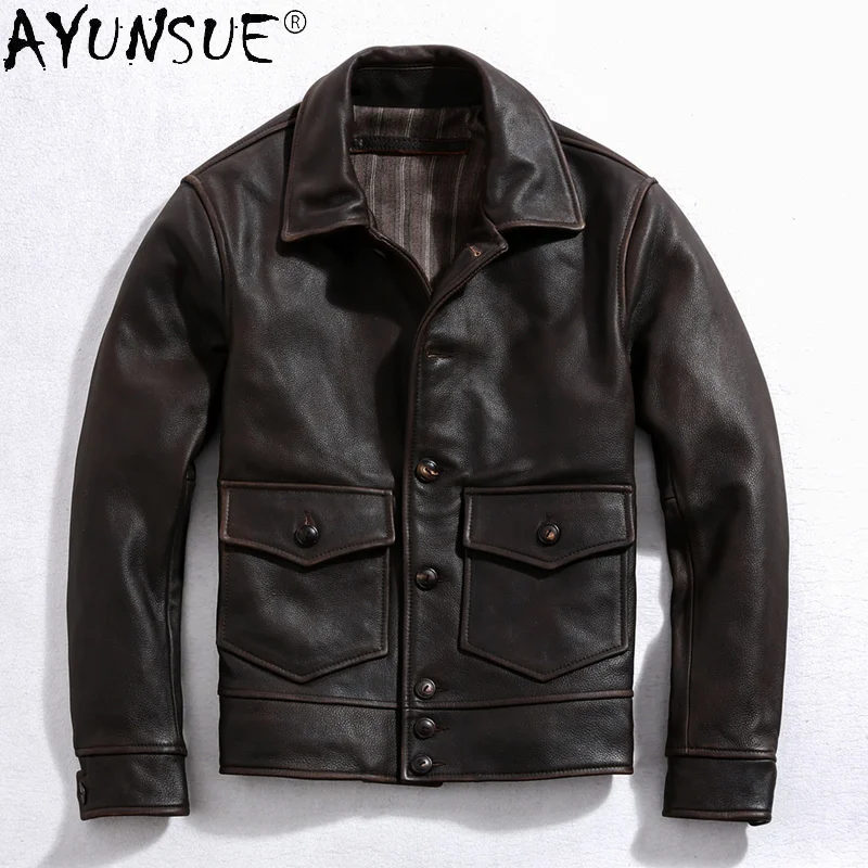 

AYUNSUE 2024 New Vintage Leather Jacket Men Motorcycle Genuine Cow Coat Man Spring Fall Coats Chamarras Para Hombre