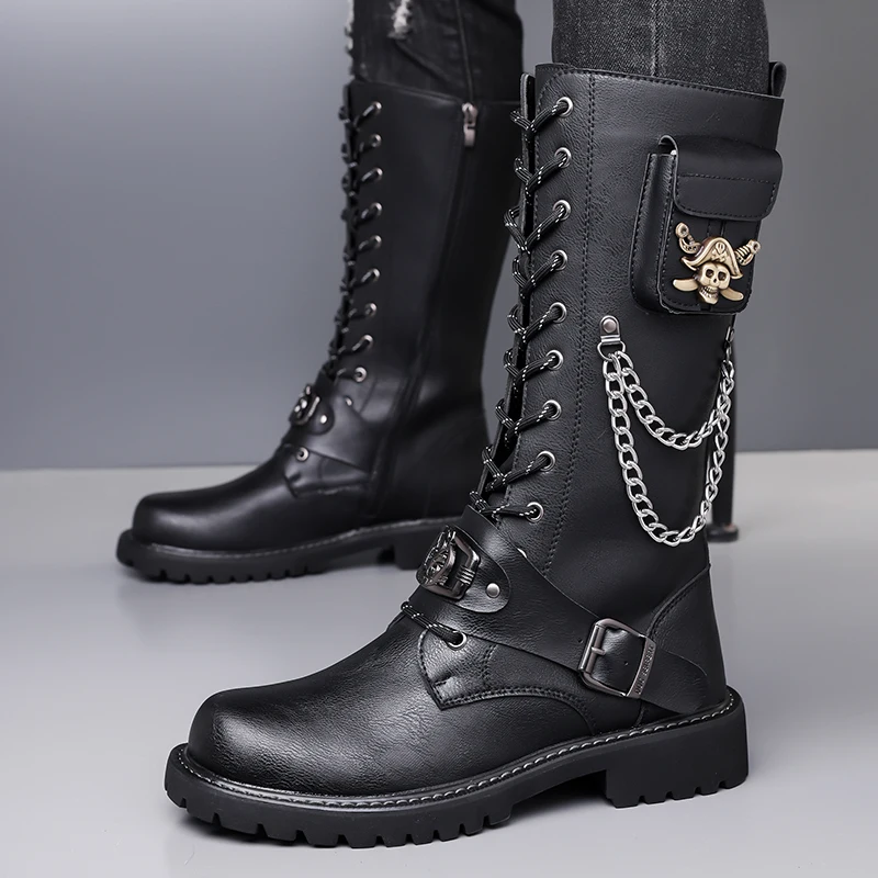 Men's Motorcycle Boots Mid-Calf Chelsea Boots Good Quality Punk Hippie Rivets Zip Chain Gentleman Male Shoes Plus Size 38-48