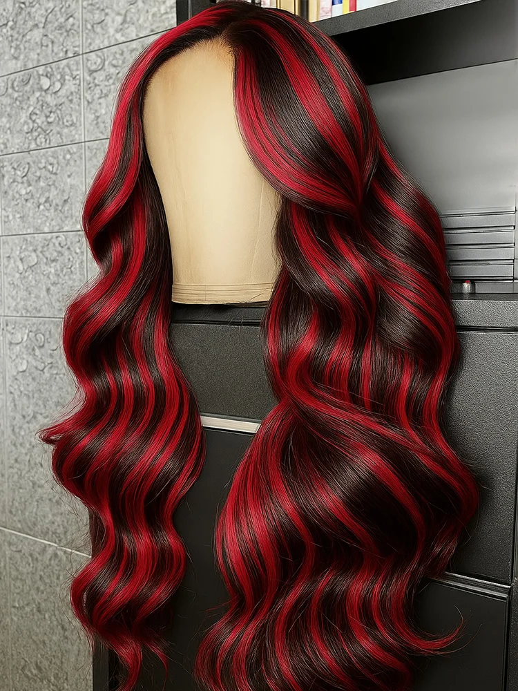 

Парик 1B/99J Omber Black с красными мелированиями, 16-32 дюйма, улучшенный, без клея, 5x5, готовый к носке, из бразильских натуральных волос, с предварительно выщипанными линиями роста