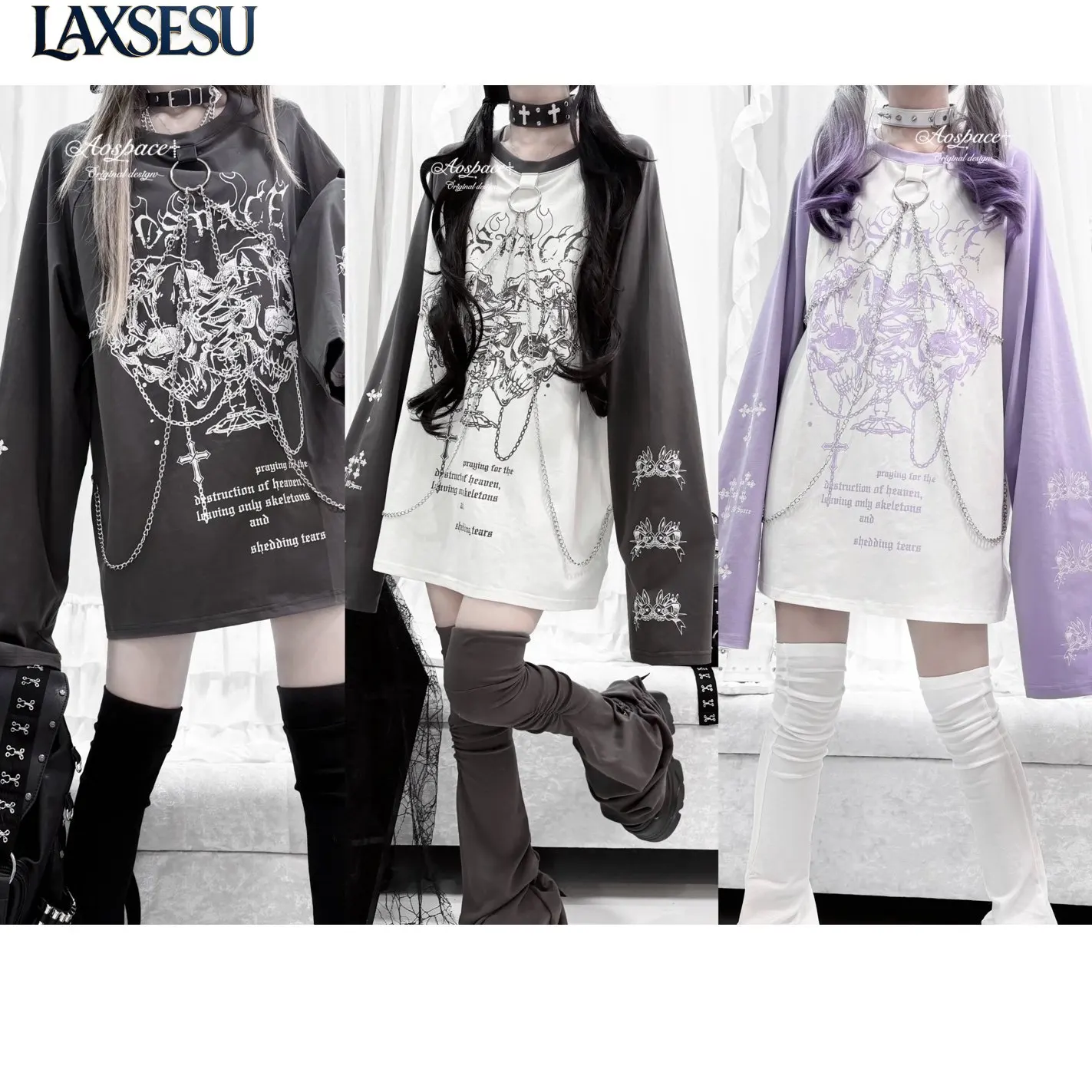 Y2k Top Japanese New Product Loose Tees Subcultural Punk Style Casual Top Printed Chain Versatile Dark Long Sleeve T-Shirts