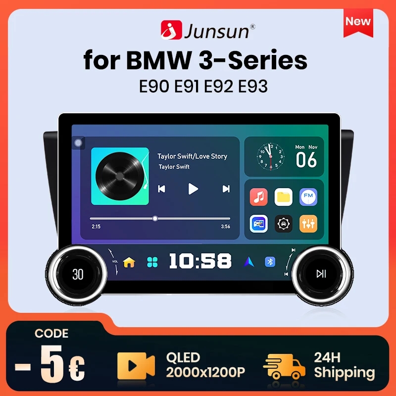 Junsun X8 Wireless CarPlay Android Auto Car Radio for BMW 3-Series E90 E91 E92 E93 QLED 2K DSP 48EQ 8 Core