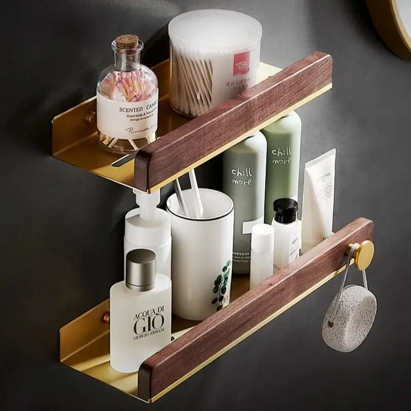 20-50cm Brushed Gold Bathroom Corner Shelf Wall-mounted Shower Room Toilet Walnut Wood Cosmetic Storage Rack with Hook Rod