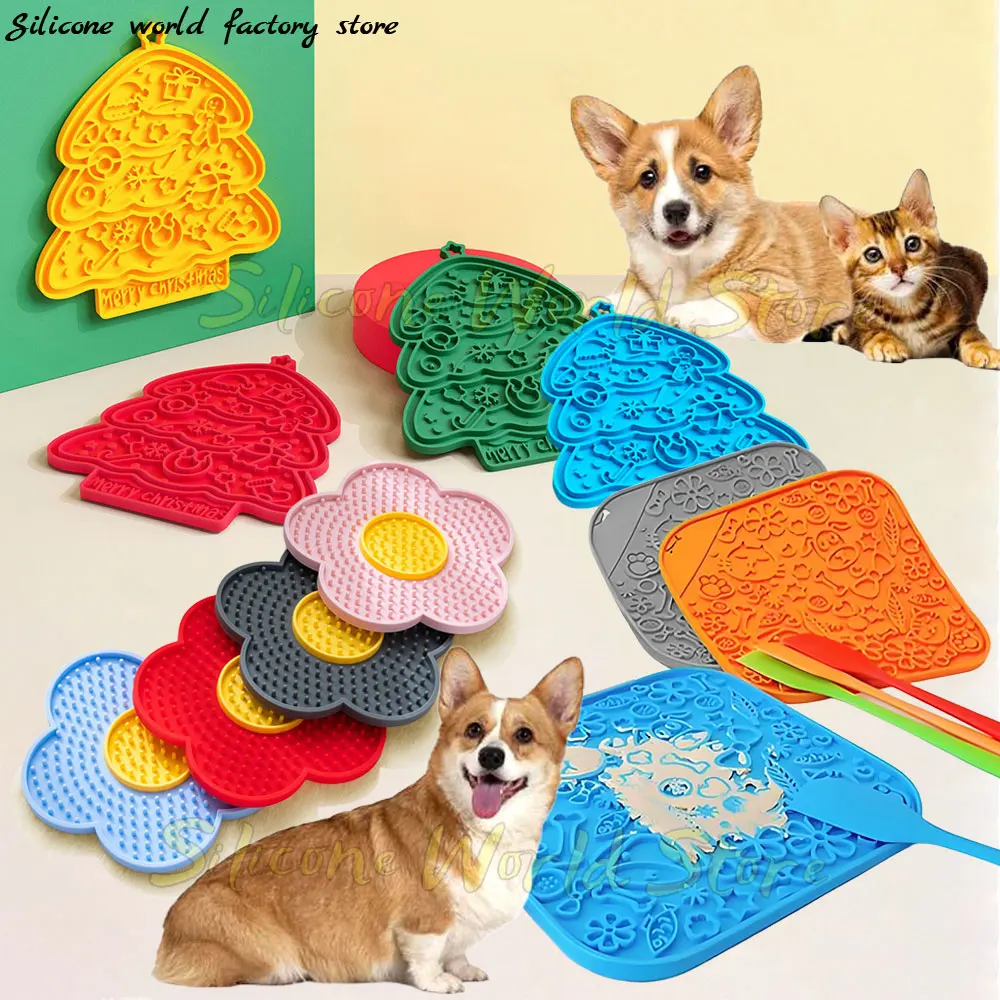 

SW Pet Silicone Licking Pad Christmas Tree Flower Shape Cat Dogs Slow Feeder Plate for Pet Sucker Food Training Feeding Mat Bowl