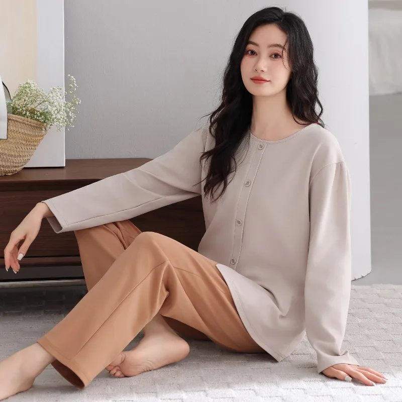 Women's Spring and Autumn Pure Cotton Long-sleeved Trousers Simple and Casual High-end Mother Can Wear Loungewear Suit Pajamas
