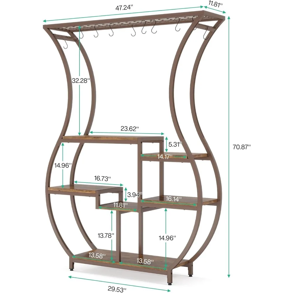 Soporte para plantas de 6 niveles, estante para plantas de 70,9 pulgadas de alto con 10 ganchos para colgar para interior, balcón, sala de estar, marrón