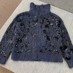 Exquisite Paille tte Mohair Garn Reiß verschluss lässige Strickjacke