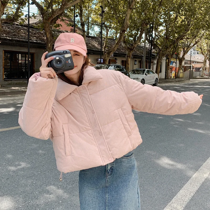 Women's Fall Winter Cotton Jacket Tops Short Zipper Warm Corduroy High Waist Niche Design Sense Simple Comfortable Harajuku New