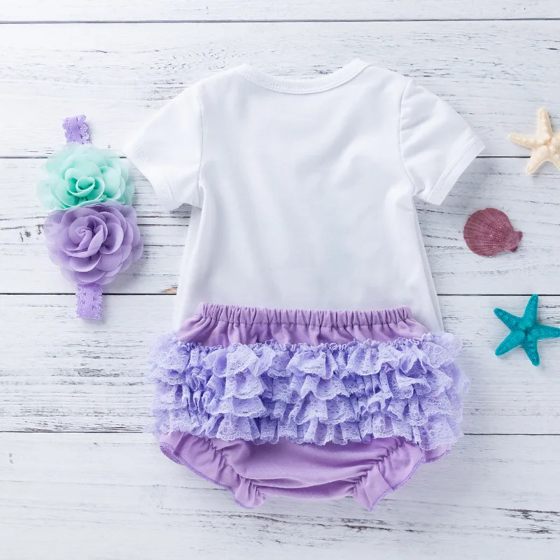 

Special Outfit for Baby Girls Summer Short Sleeve Romper Purple LacePPHair Accessories3Set